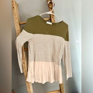 Ces Femme Olive, Cream & Light Gray Striped Long Sleeve Tee